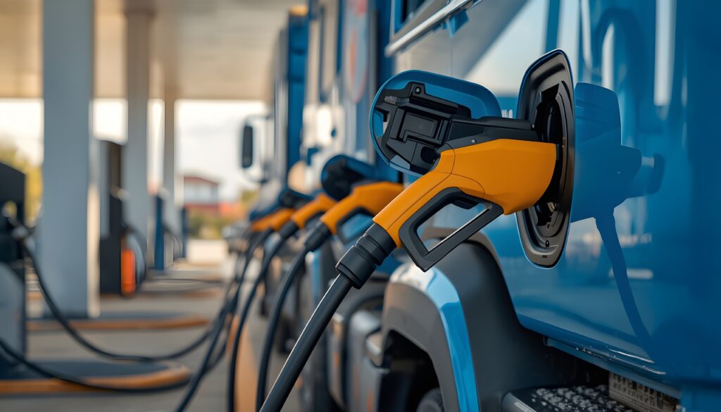 Electric trucks charging at a modern station, showcasing clean energy infrastructure, sustainable logistics, and zero-emission transport for commercial and urban mobility.